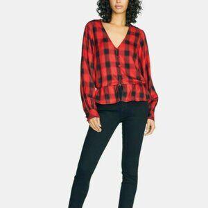 Sanctuary Peplum Top M Red Black Plaid 924